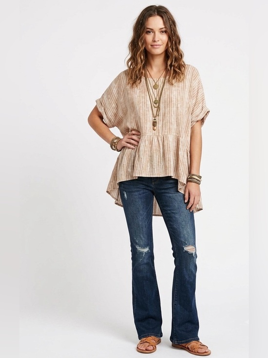 Miou Muse Tops - Miou Muse $48 Boho Striped Peplum Top L 100% Rayon made in USA P2P 24.5-28”